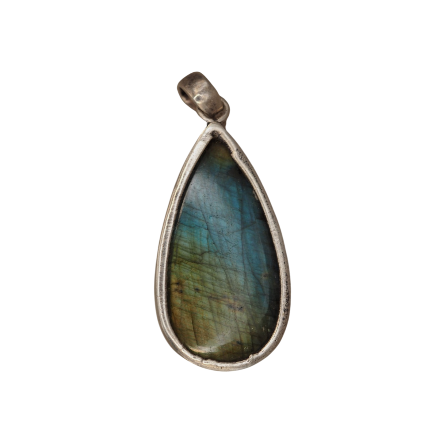 Reverse of labradorite pendant showing green and gold tones