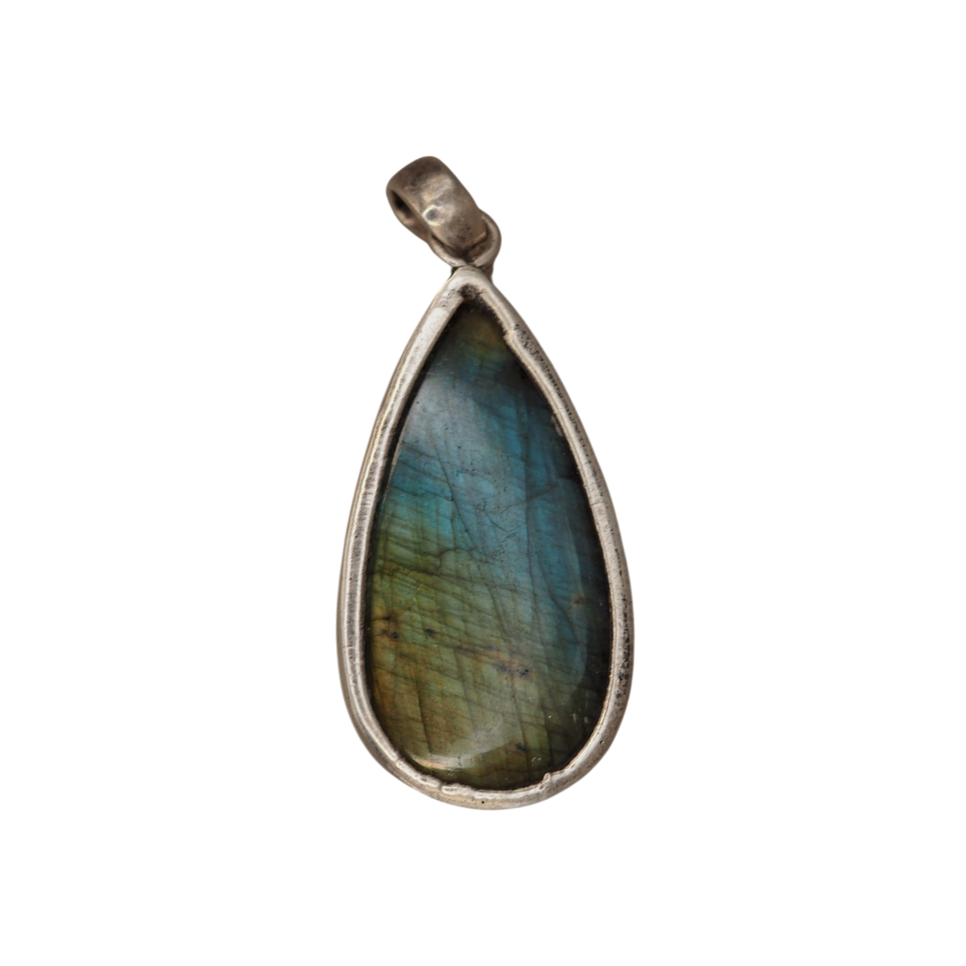 Reverse of labradorite pendant showing green and gold tones