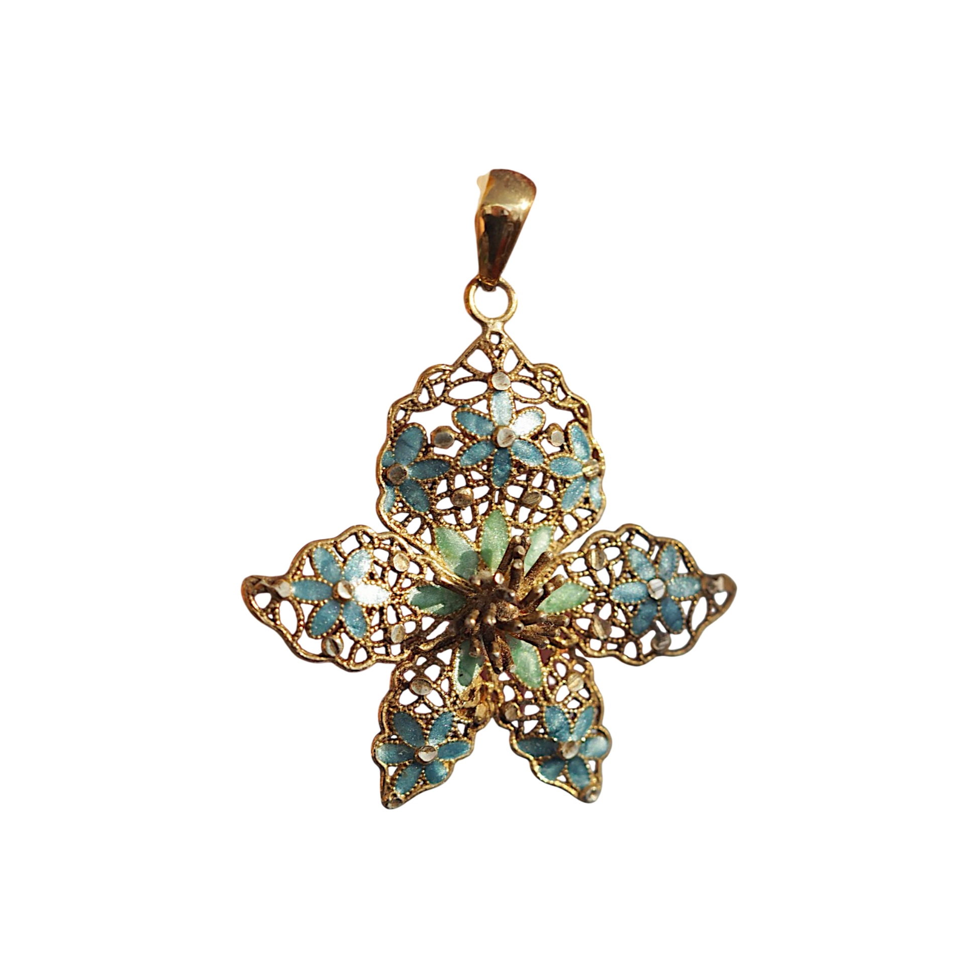 Vintage Italian sterling silver gold vermeil pendant with blue and green enamel filigree flowers
