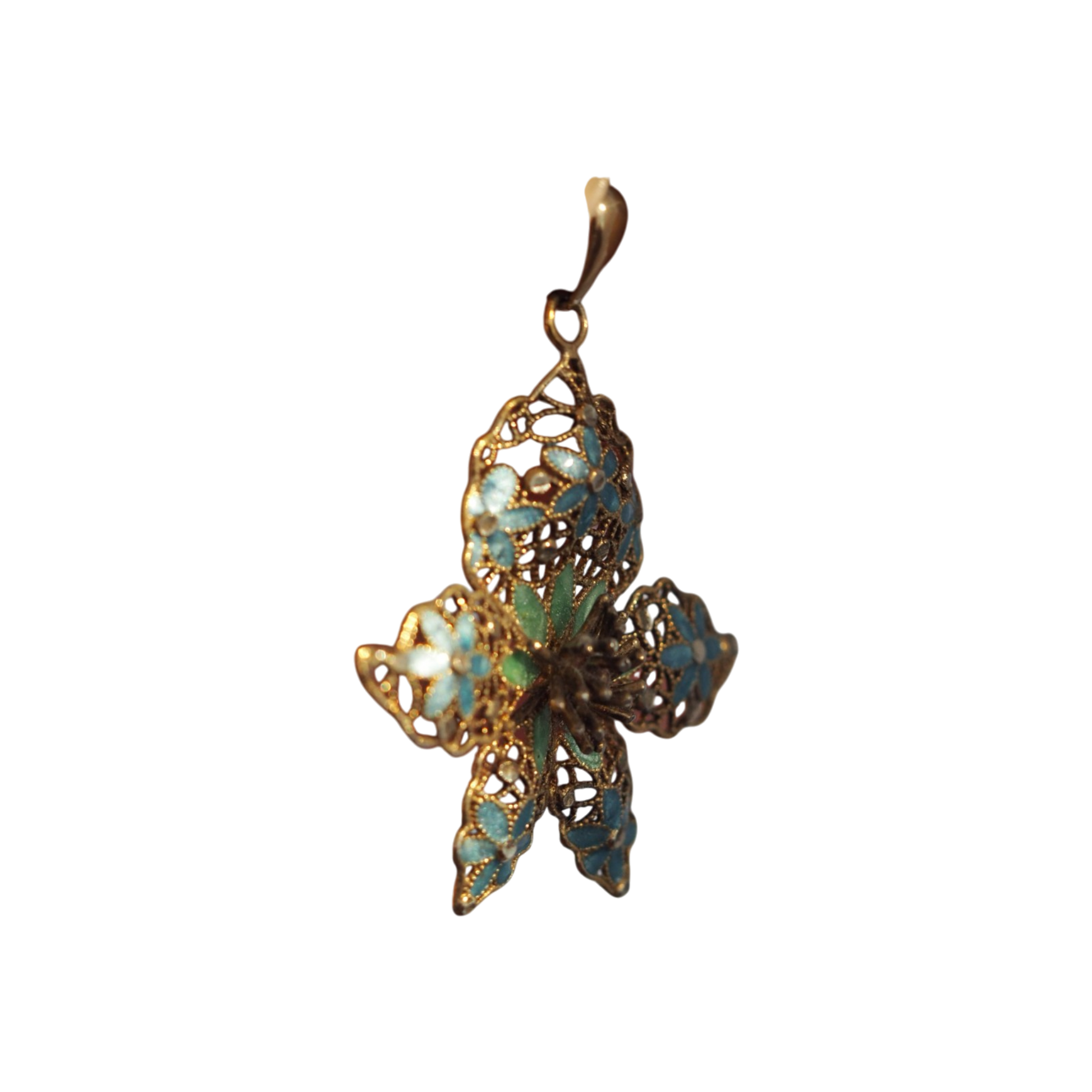 Vintage Italian sterling silver gold vermeil pendant with blue and green enamel filigree flowers