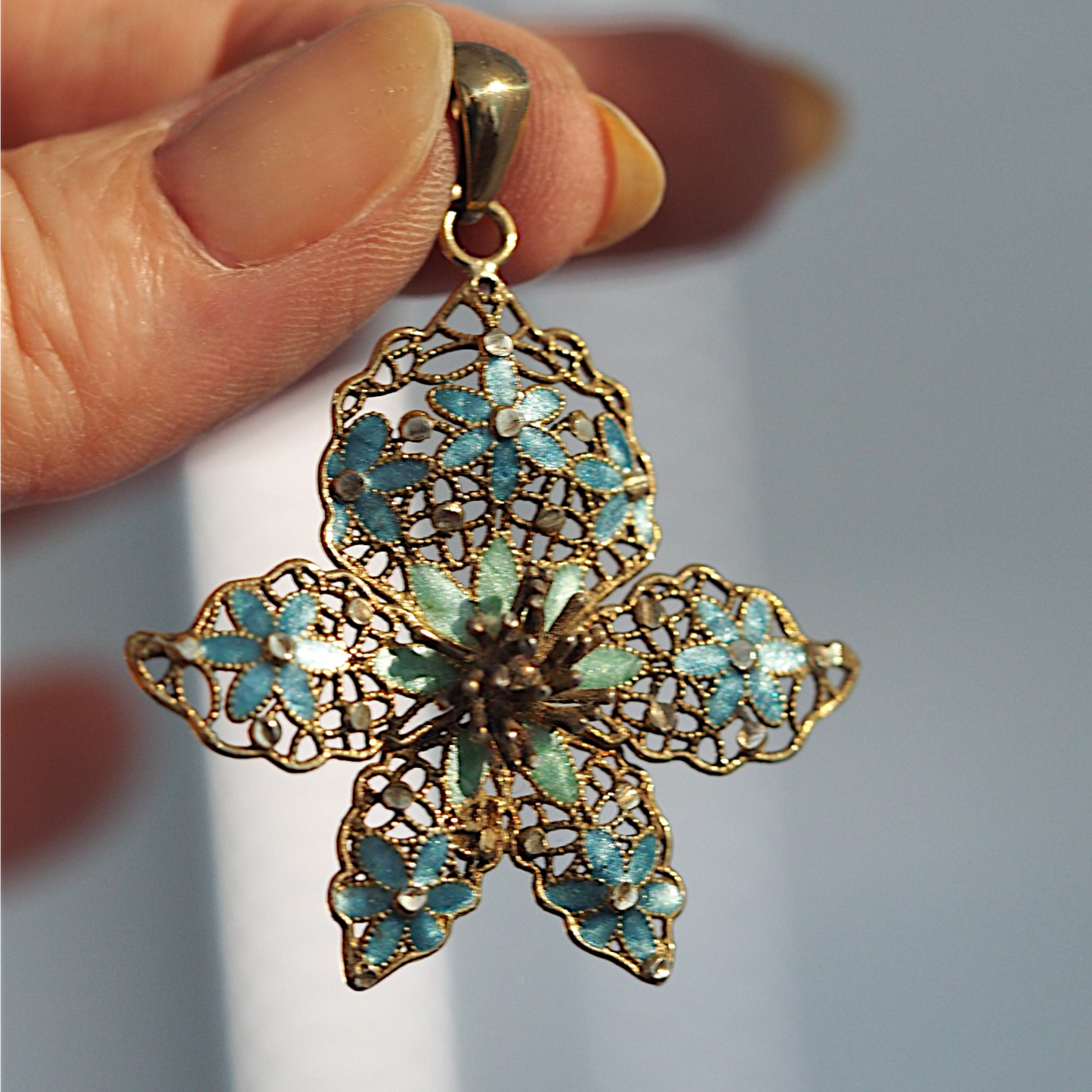 Vintage Italian sterling silver gold vermeil pendant with blue and green enamel filigree flowers