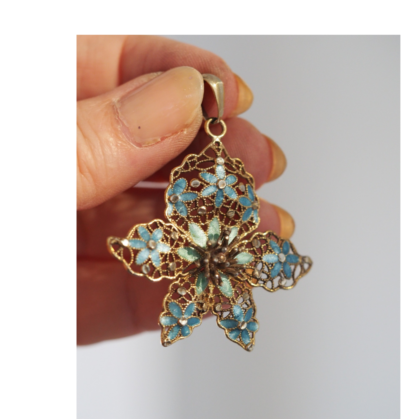 Vintage Italian sterling silver gold vermeil pendant with blue and green enamel filigree flowers