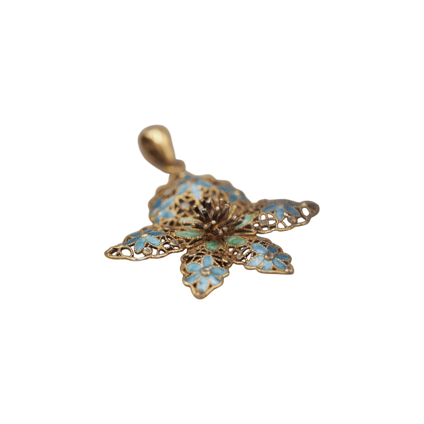 Vintage Italian sterling silver gold vermeil pendant with blue and green enamel filigree flowers