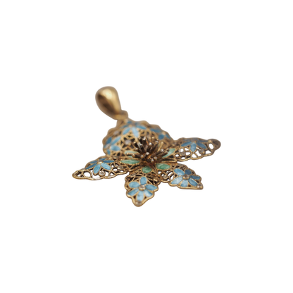Vintage Italian sterling silver gold vermeil pendant with blue and green enamel filigree flowers