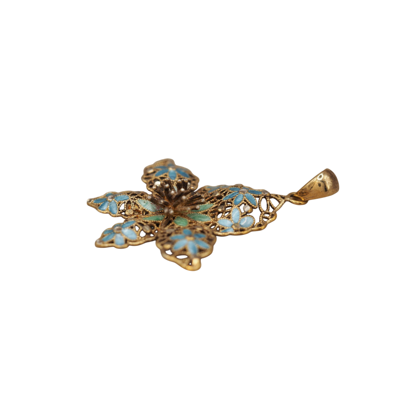 Vintage Italian sterling silver gold vermeil pendant with blue and green enamel filigree flowers