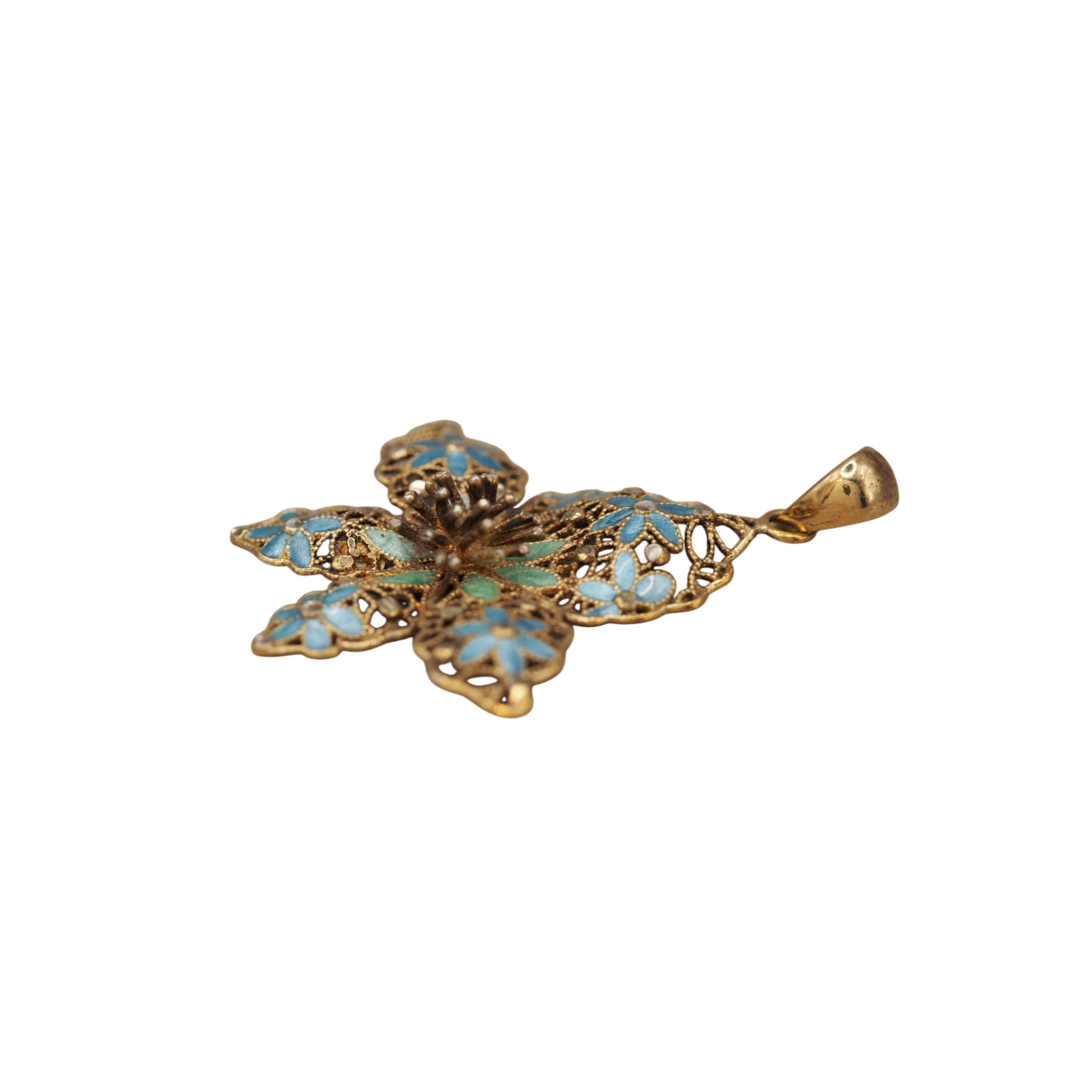 Vintage Italian sterling silver gold vermeil pendant with blue and green enamel filigree flowers