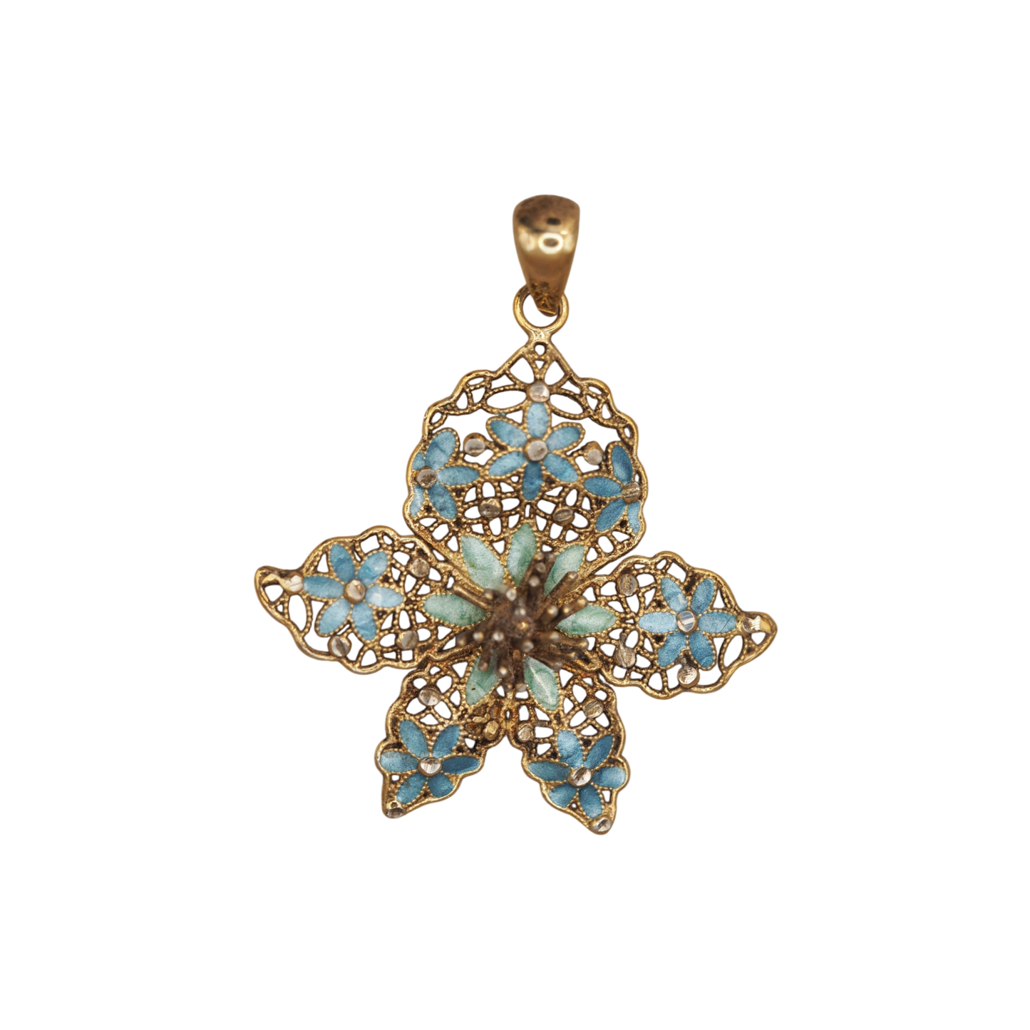 Vintage Italian sterling silver gold vermeil pendant with blue and green enamel filigree flowers