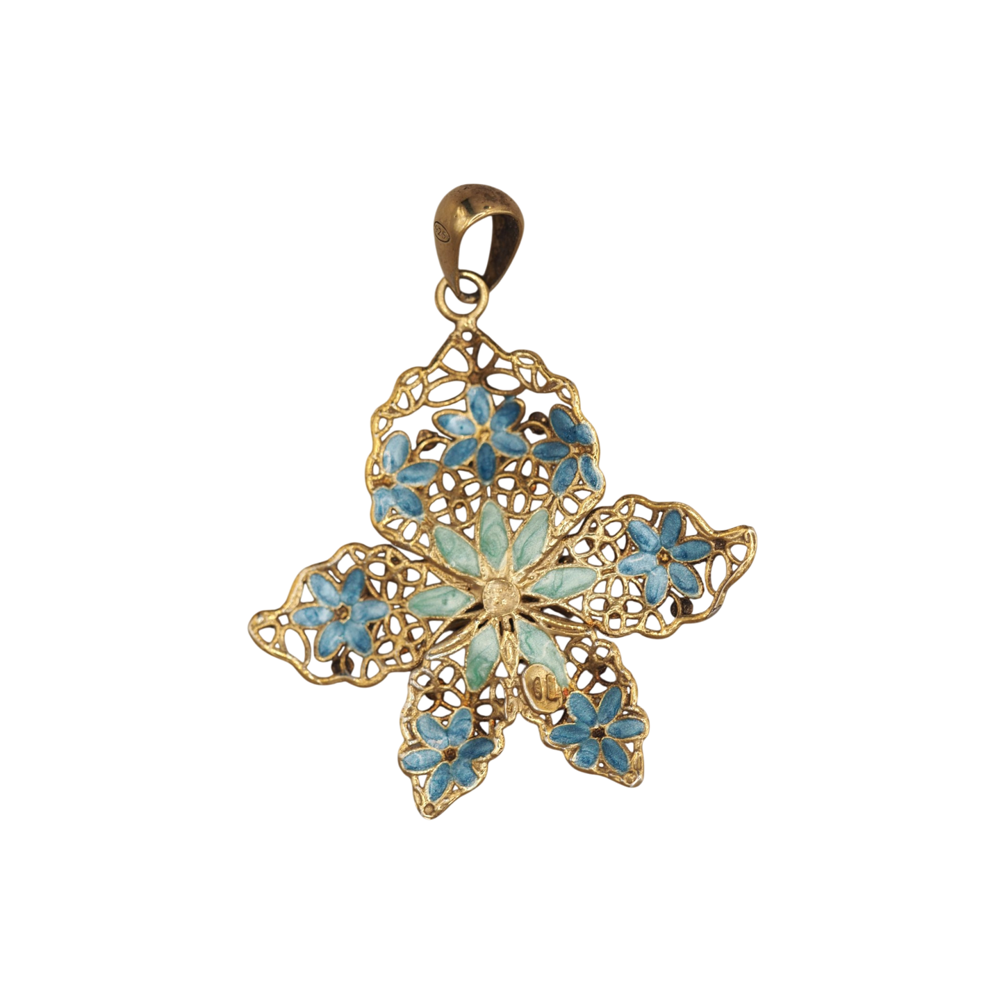 Vintage Italian sterling silver gold vermeil pendant with blue and green enamel filigree flowers