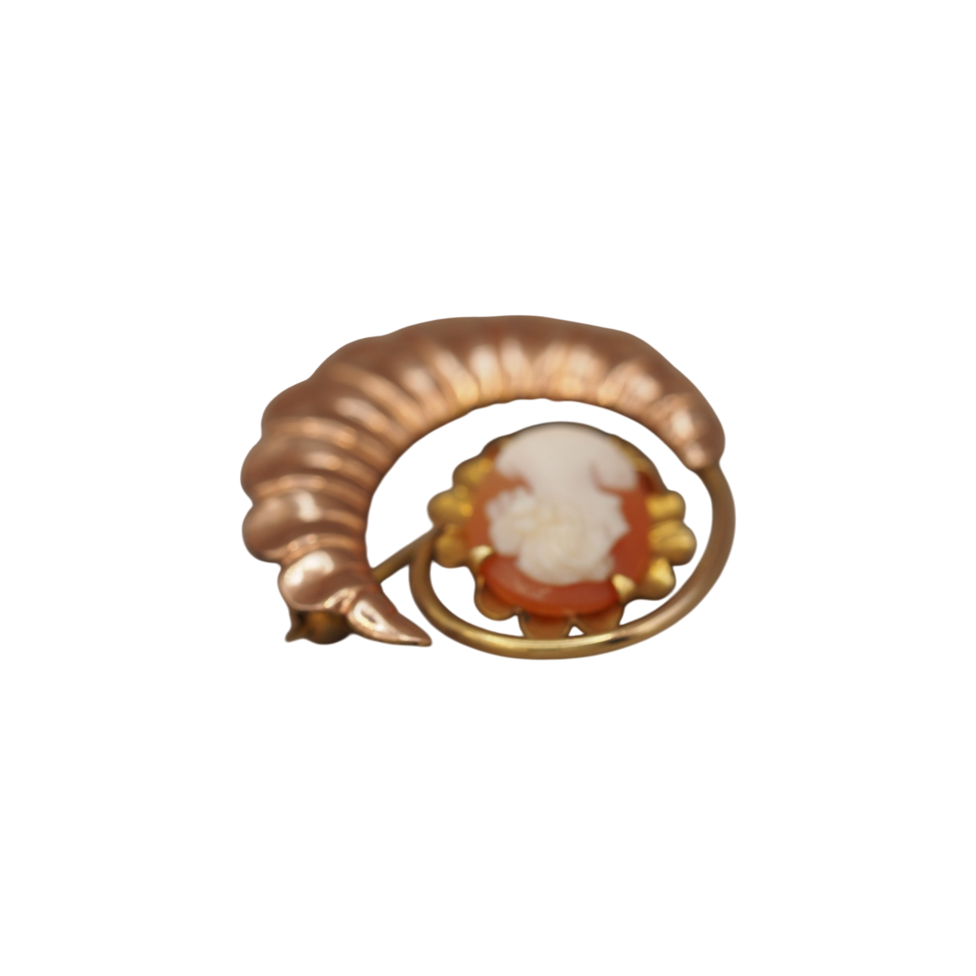 Hand carved shell cameo in a scalloped gold bezel on a Bal-Ron gold filled watch pin brooch