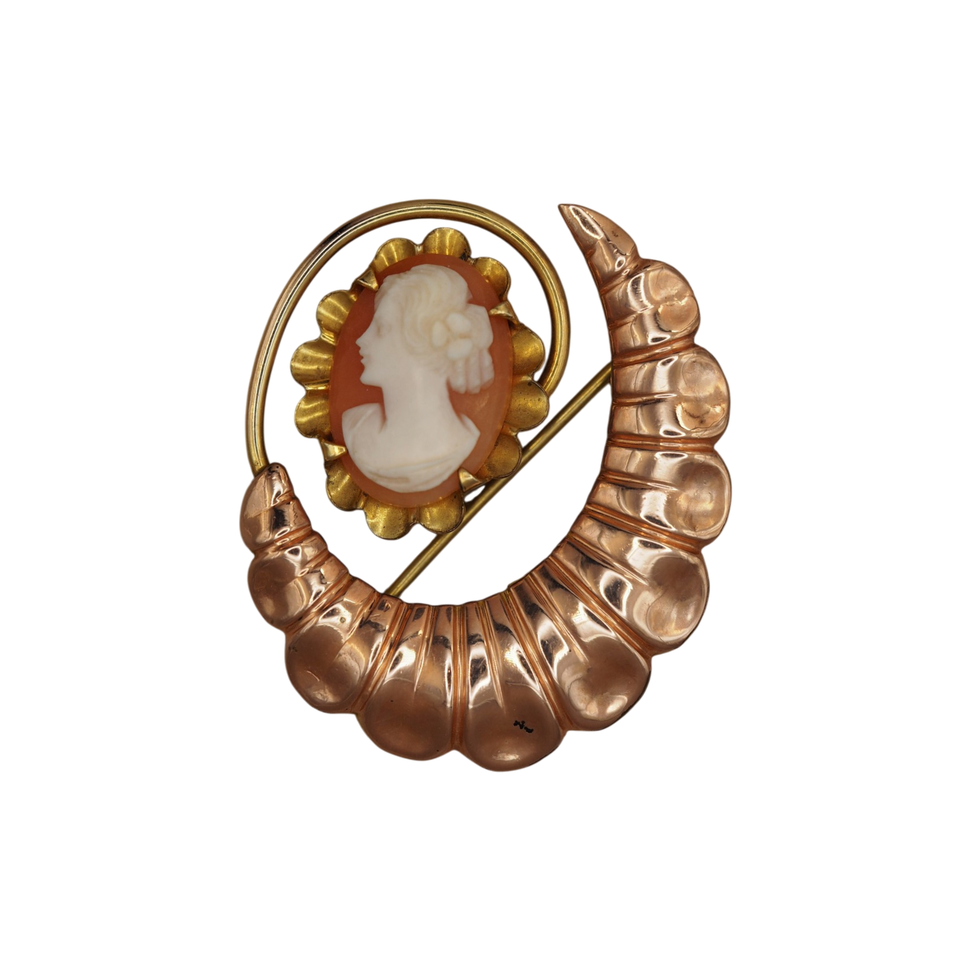 Vintage 1950s Bal-Ron gold filled shell cameo watch pin brooch with a two tone rose gold crescent frame