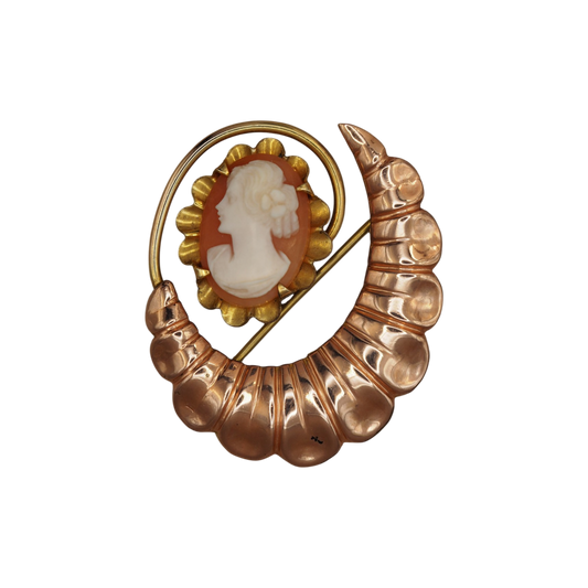 Vintage 1950s Bal-Ron gold filled shell cameo watch pin brooch with a two tone rose gold crescent frame