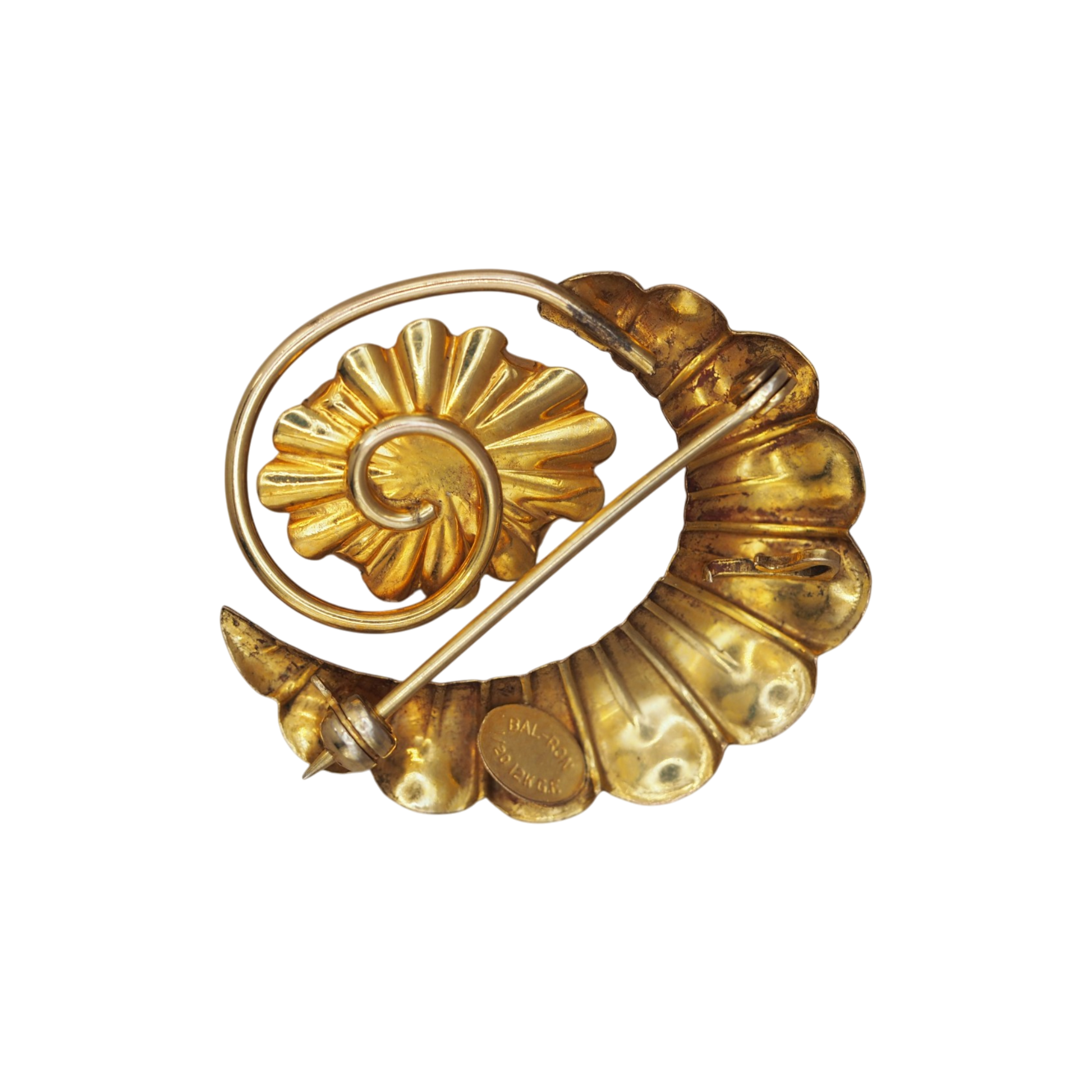 Vintage Bal-Ron carved shell cameo watch pin in two tone rose and yellow gold filled