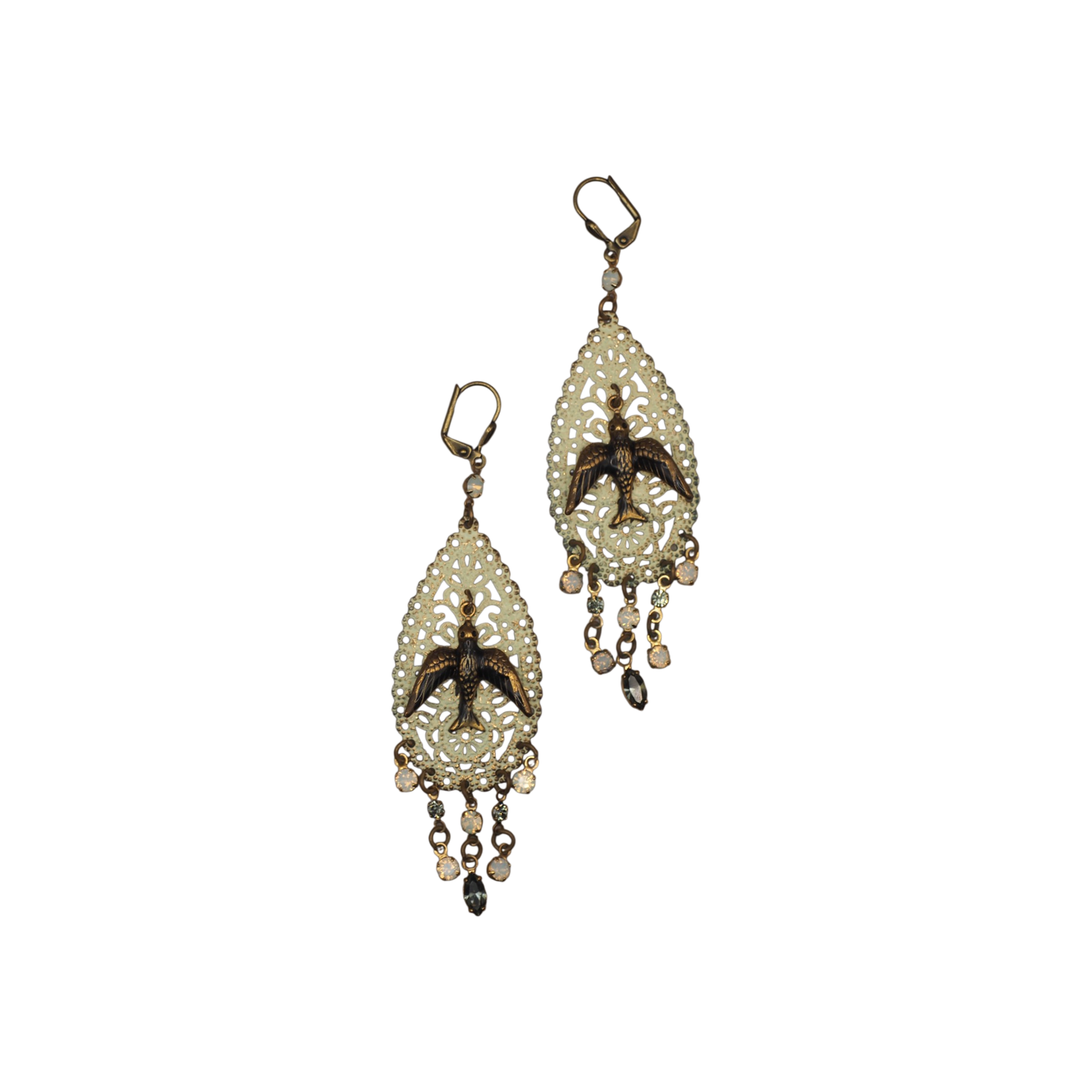 Boho Bird Filigree Chandelier Earrings with Glass Drops