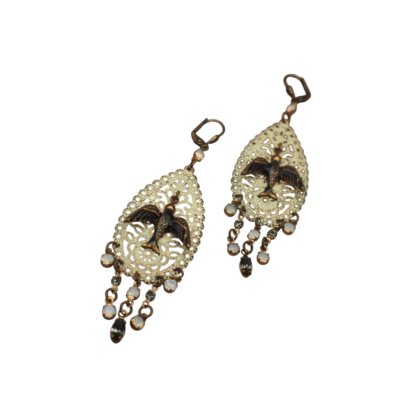 Boho Bird Filigree Chandelier Earrings with Glass Drops