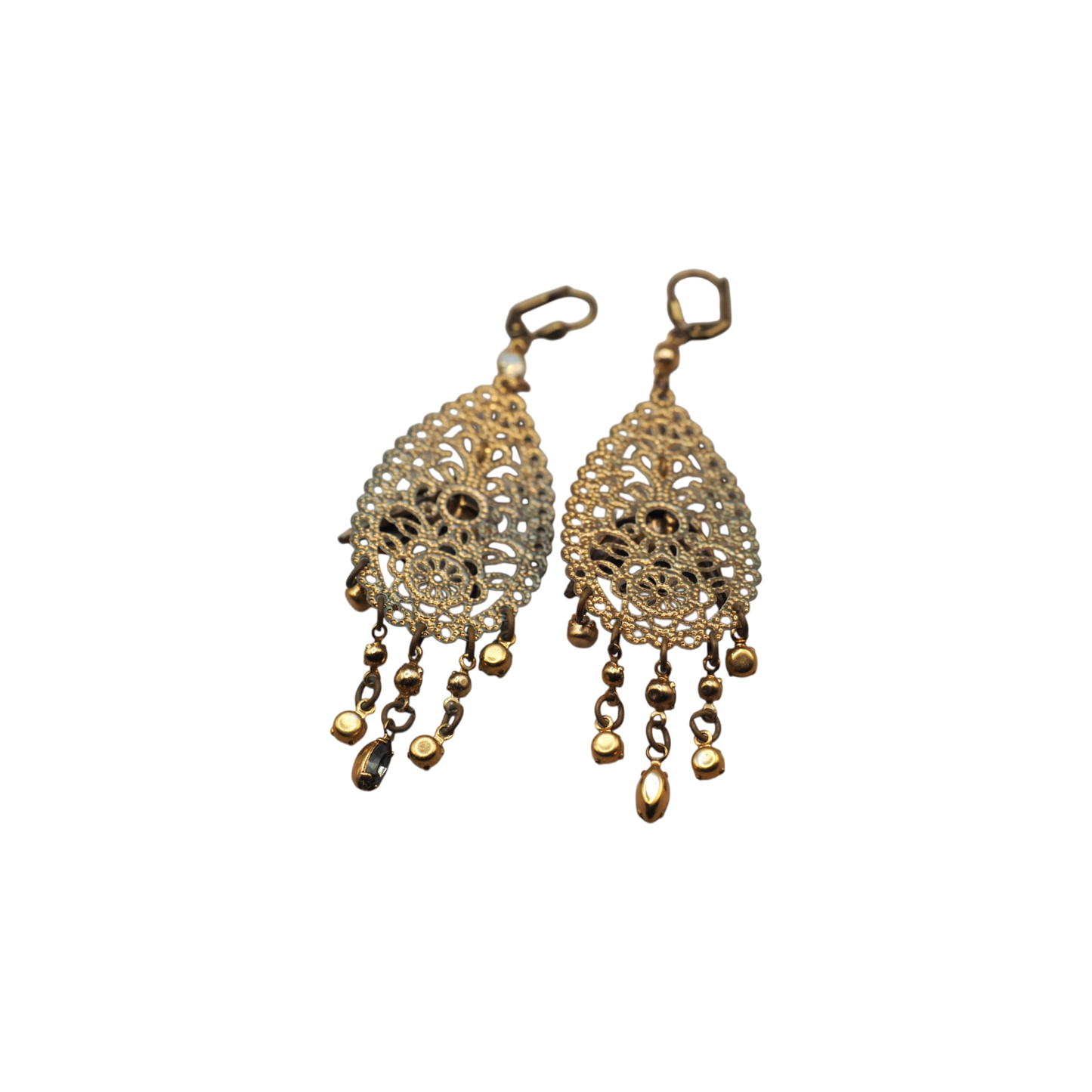 Boho Bird Filigree Chandelier Earrings with Glass Drops