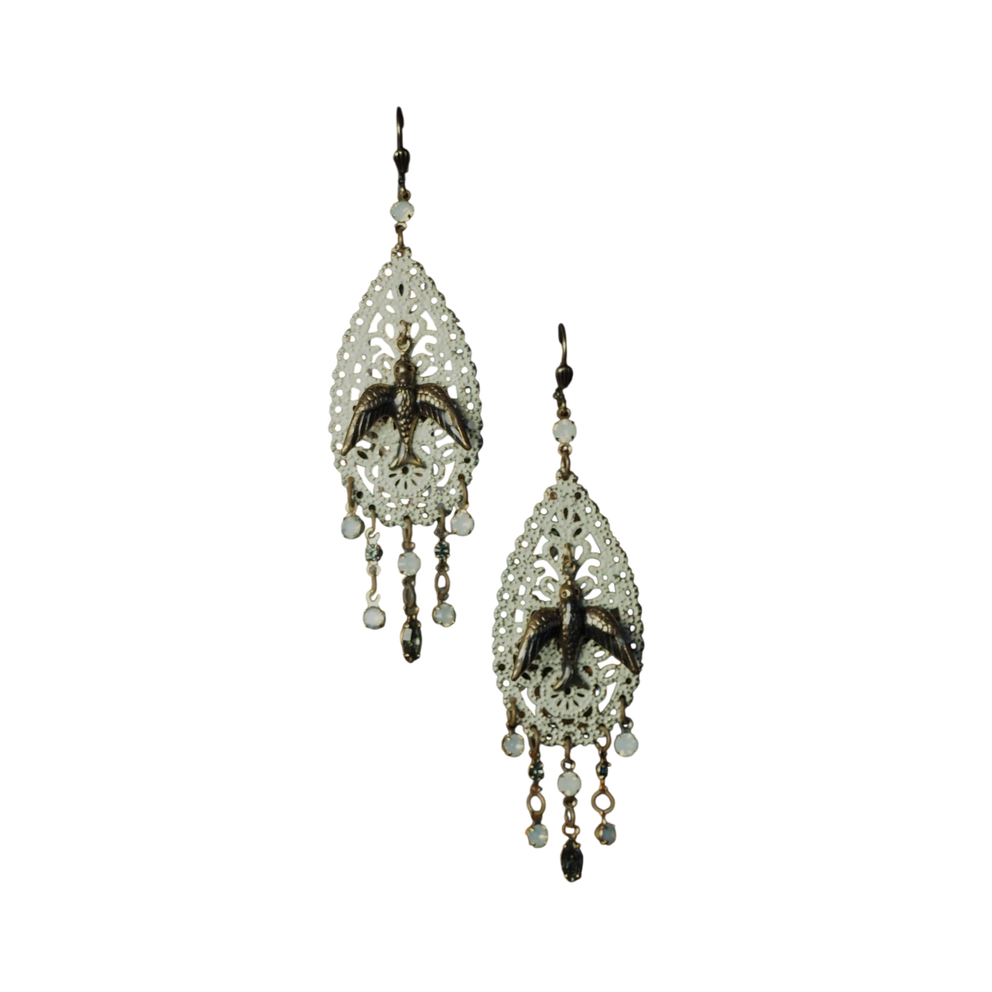 Boho Bird Filigree Chandelier Earrings with Glass Drops
