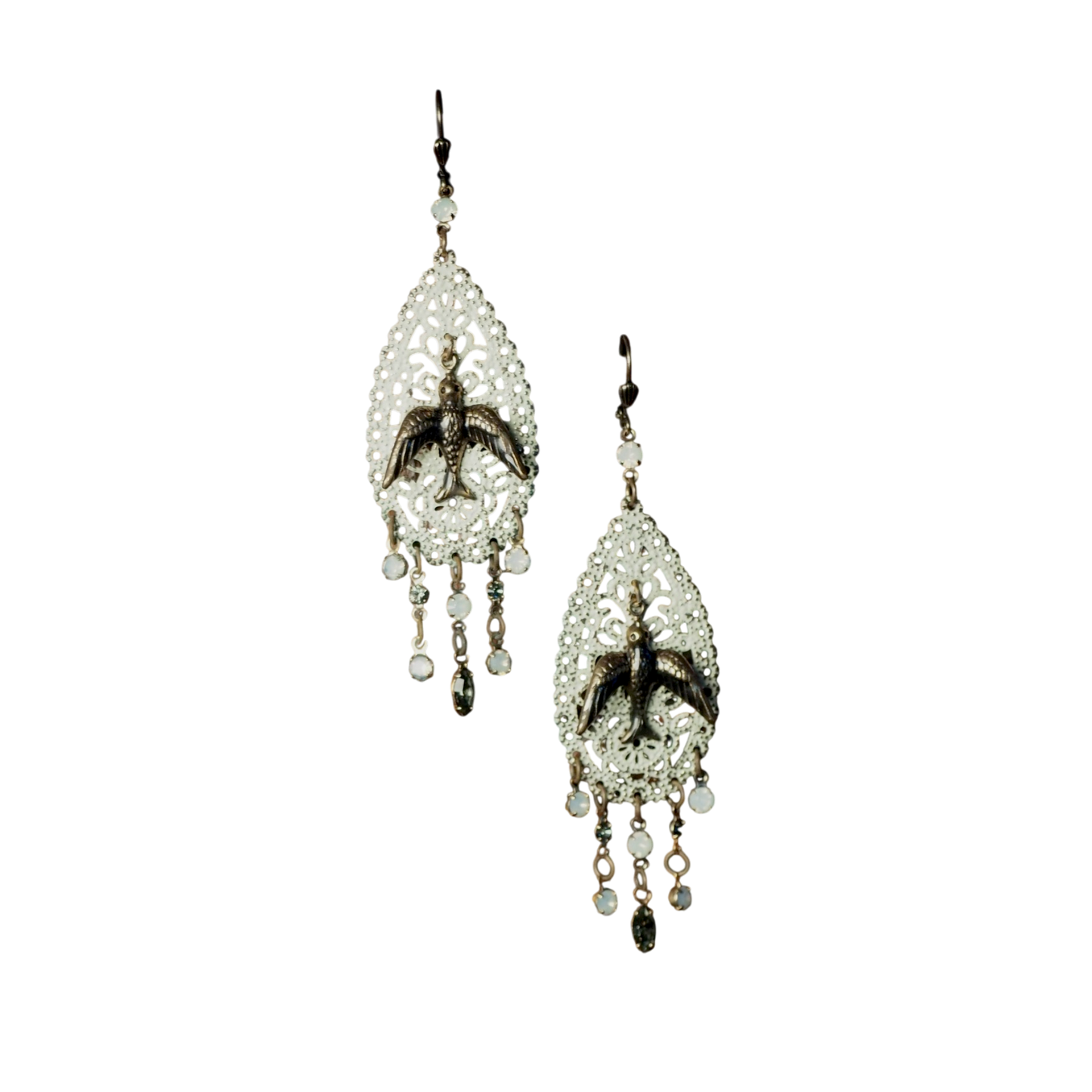 Boho Bird Filigree Chandelier Earrings with Glass Drops