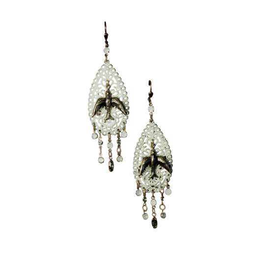 Boho Bird Filigree Chandelier Earrings with Glass Drops