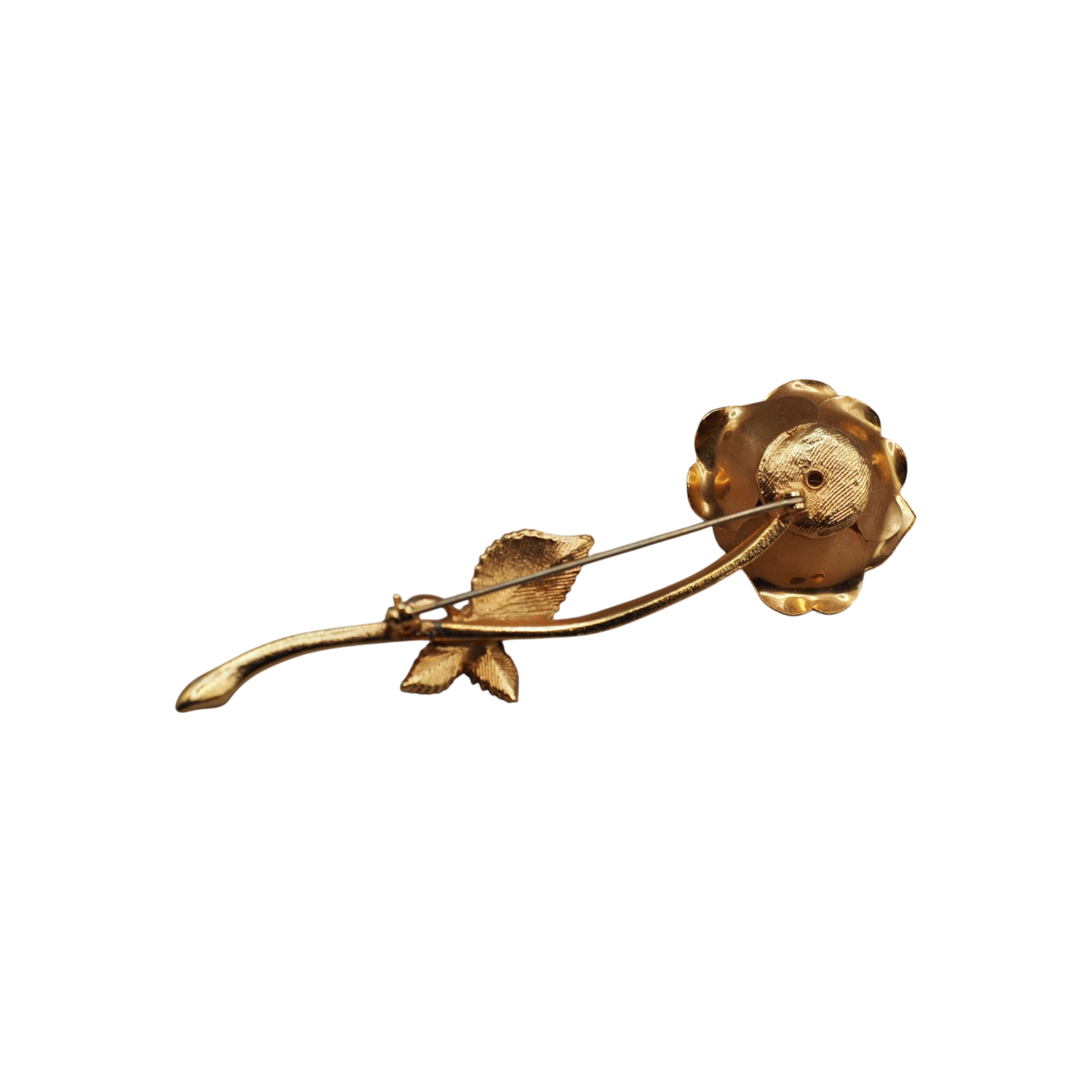 Vintage gold tone rose flower statement brooch with cream faux pearls