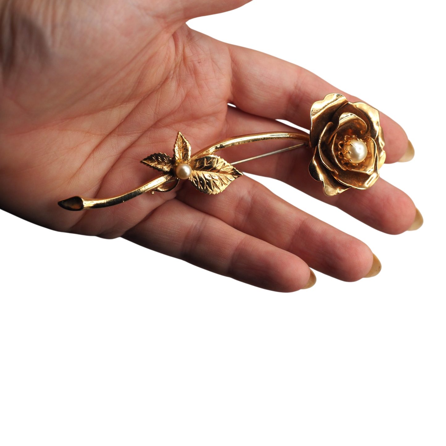 Large mid century gold tone rose statement brooch with cream faux pearls