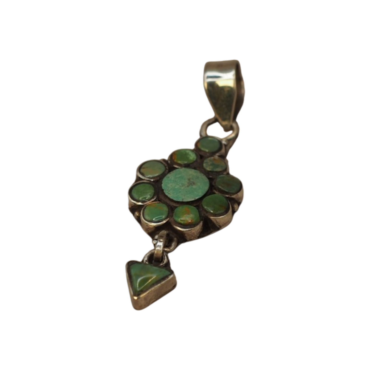 Vintage Southwestern sterling silver green turquoise cluster dangle pendant with articulated triangular drop