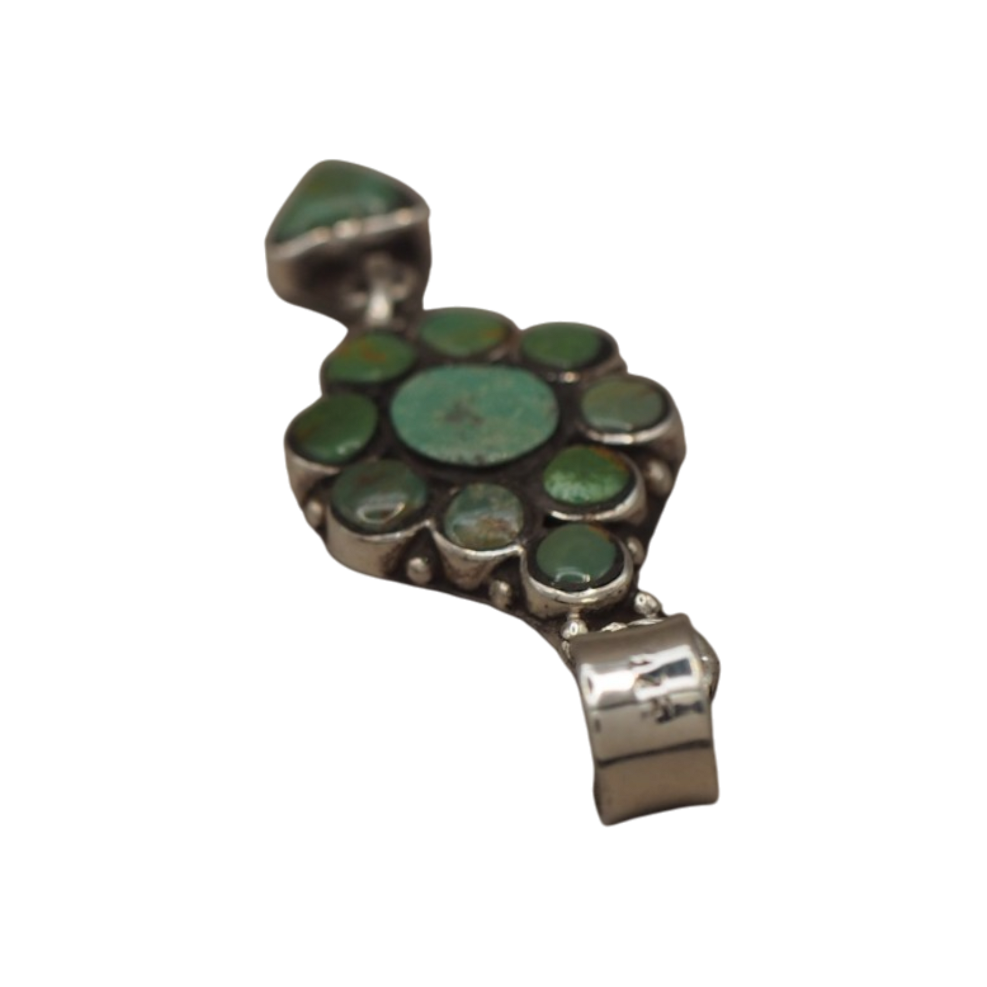 Vintage Southwestern sterling silver green turquoise cluster dangle pendant with articulated triangular drop