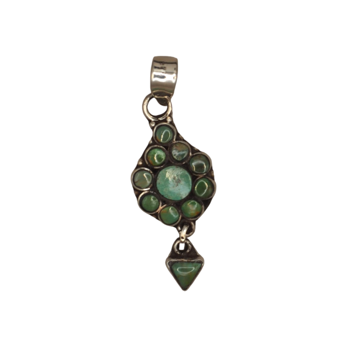 Vintage Southwestern sterling silver green turquoise cluster dangle pendant with articulated triangular drop