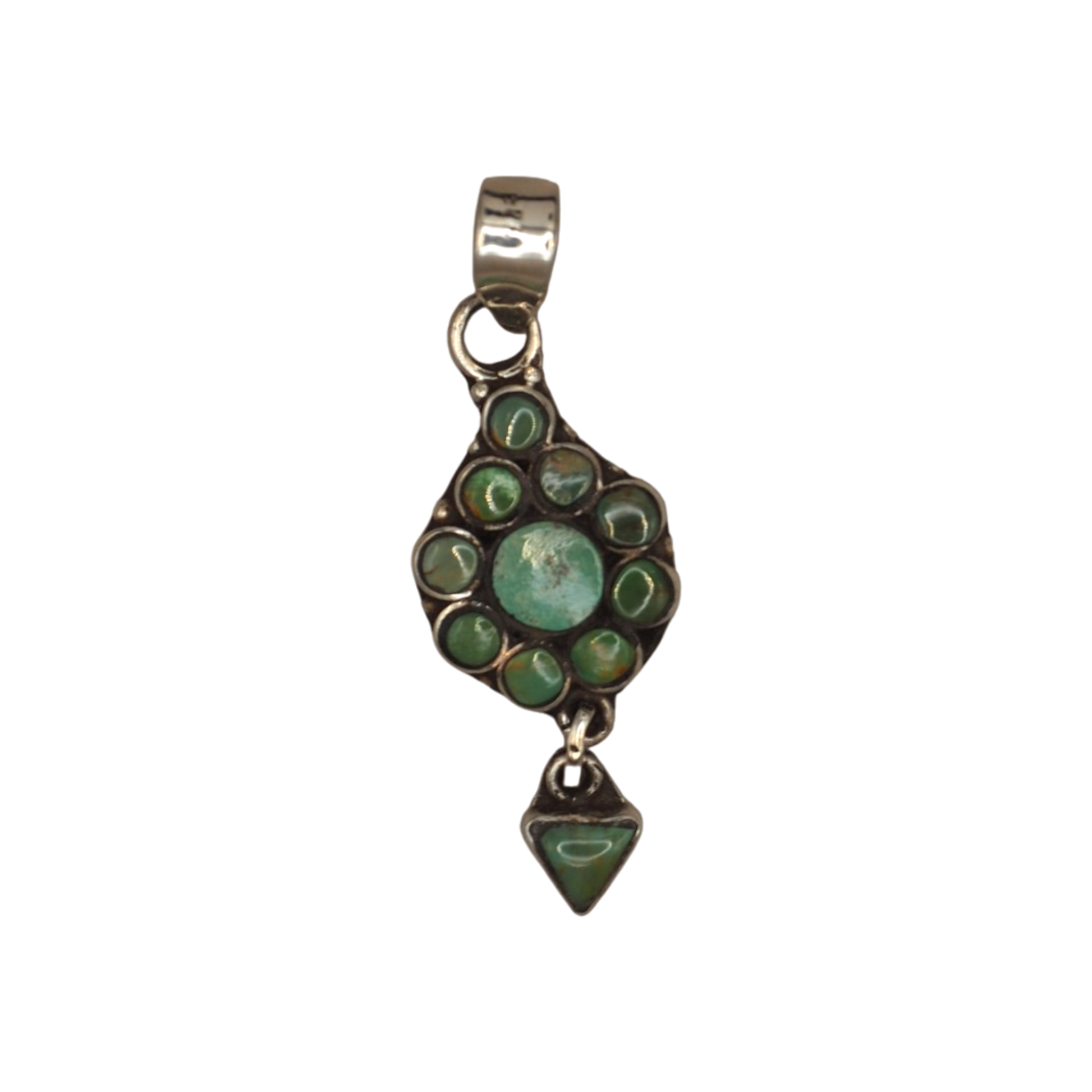 Vintage Southwestern sterling silver green turquoise cluster dangle pendant with articulated triangular drop