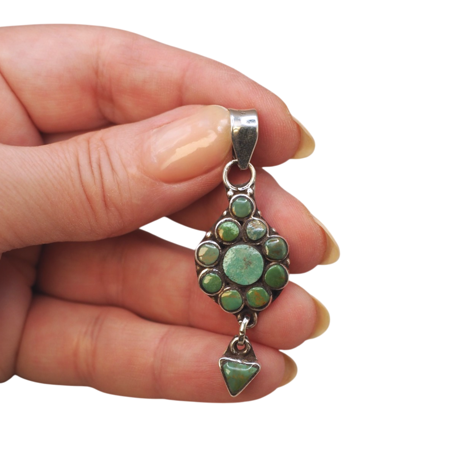Vintage Southwestern sterling silver green turquoise cluster dangle pendant with articulated triangular drop