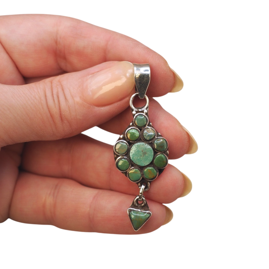 Vintage Southwestern sterling silver green turquoise cluster dangle pendant with articulated triangular drop