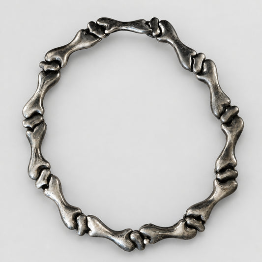 Sterling silver oxidized bone link necklace laid in a circle, front view