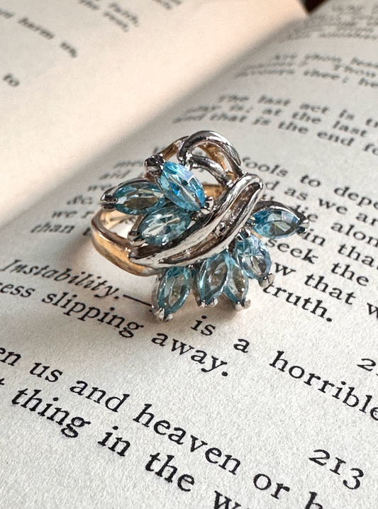 Vintage Aqua Marquise Crystal Spray Cocktail Ring Gold Tone Size 5