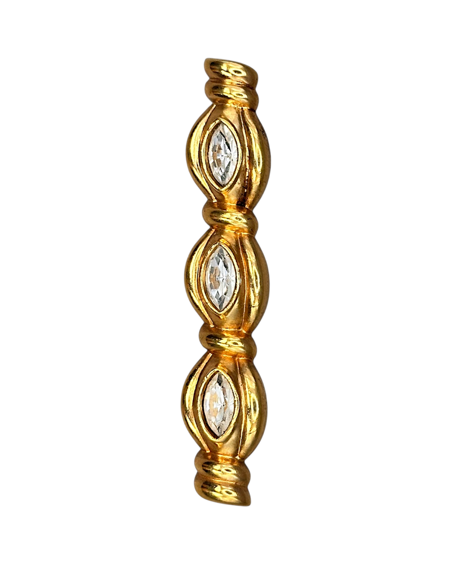 Side view of gold-tone bar pin showing dimensional scalloped frames around marquise crystals