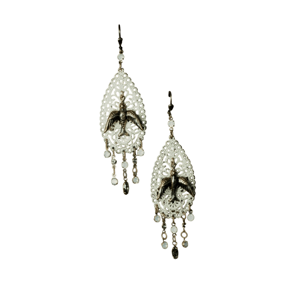 Boho Bird Filigree Chandelier Earrings with Glass Drops Earrings - GlamGram NYC