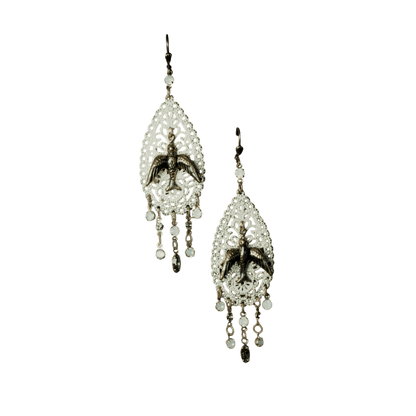 Boho Bird Filigree Chandelier Earrings with Glass Drops Earrings - GlamGram NYC
