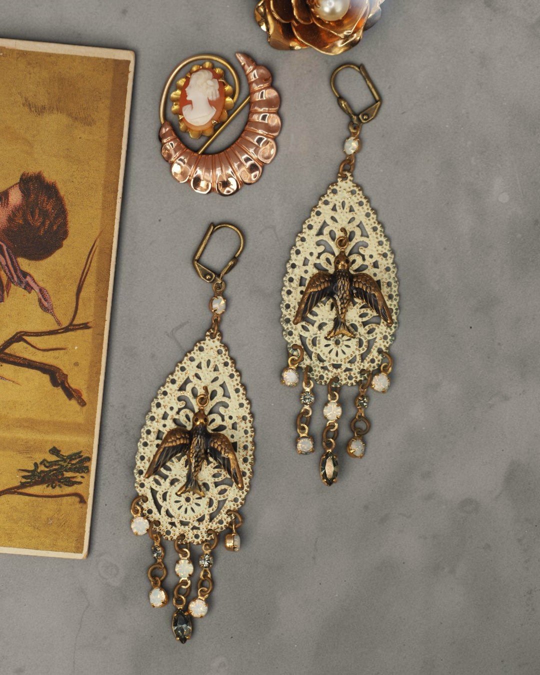 Boho Bird Filigree Chandelier Earrings with Glass Drops Earrings - GlamGram NYC