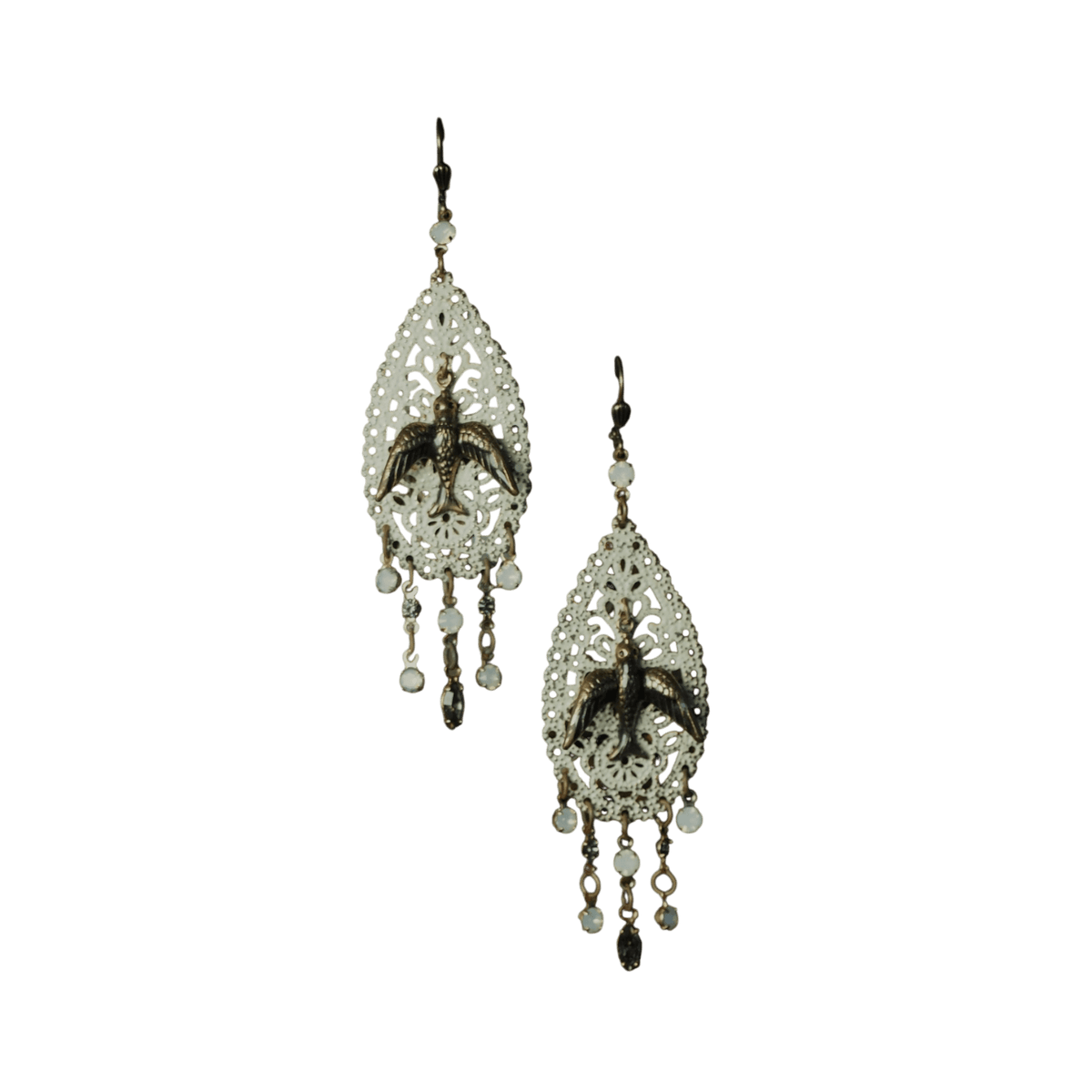 Boho Bird Filigree Chandelier Earrings with Glass Drops Earrings - GlamGram NYC