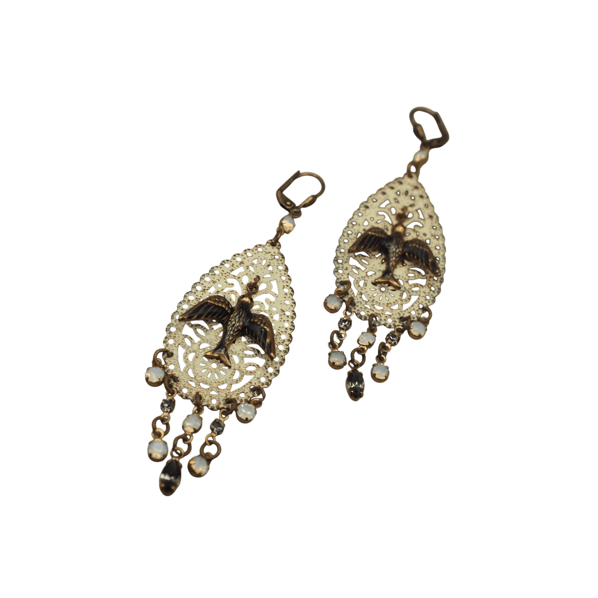 Boho Bird Filigree Chandelier Earrings with Glass Drops Earrings - GlamGram NYC