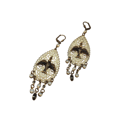 Boho Bird Filigree Chandelier Earrings with Glass Drops Earrings - GlamGram NYC