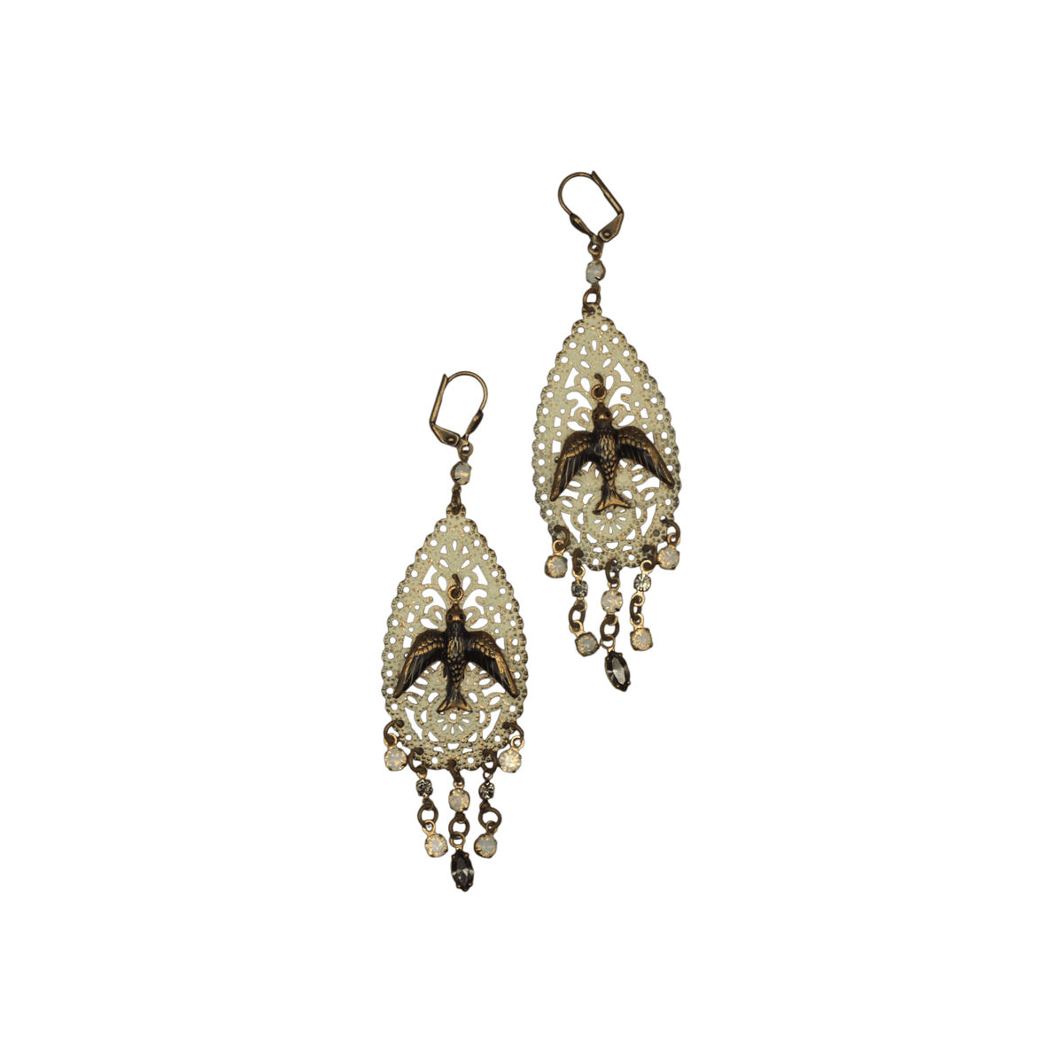 Boho Bird Filigree Chandelier Earrings with Glass Drops Earrings - GlamGram NYC