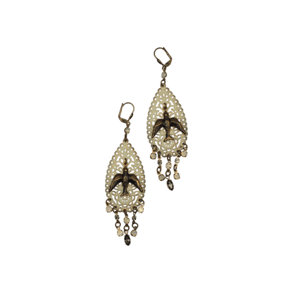 Boho Bird Filigree Chandelier Earrings with Glass Drops Earrings - GlamGram NYC