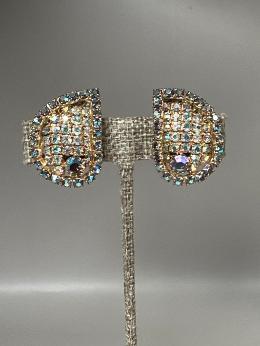 Aurora borealis rhinestone clip earrings in domed teardrop form, front view