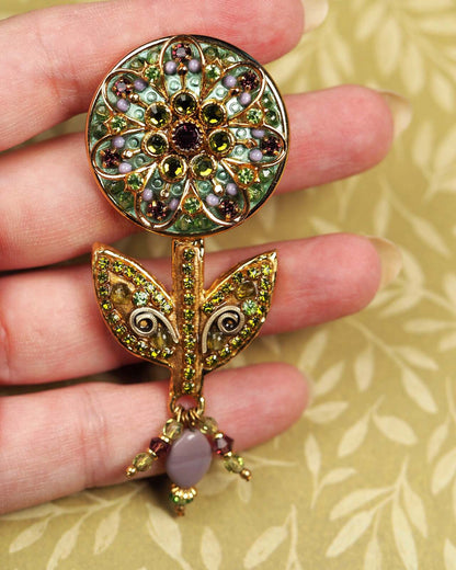 Signed Michal Golan Flower Brooch Crystal Enamel 3.25 Inch