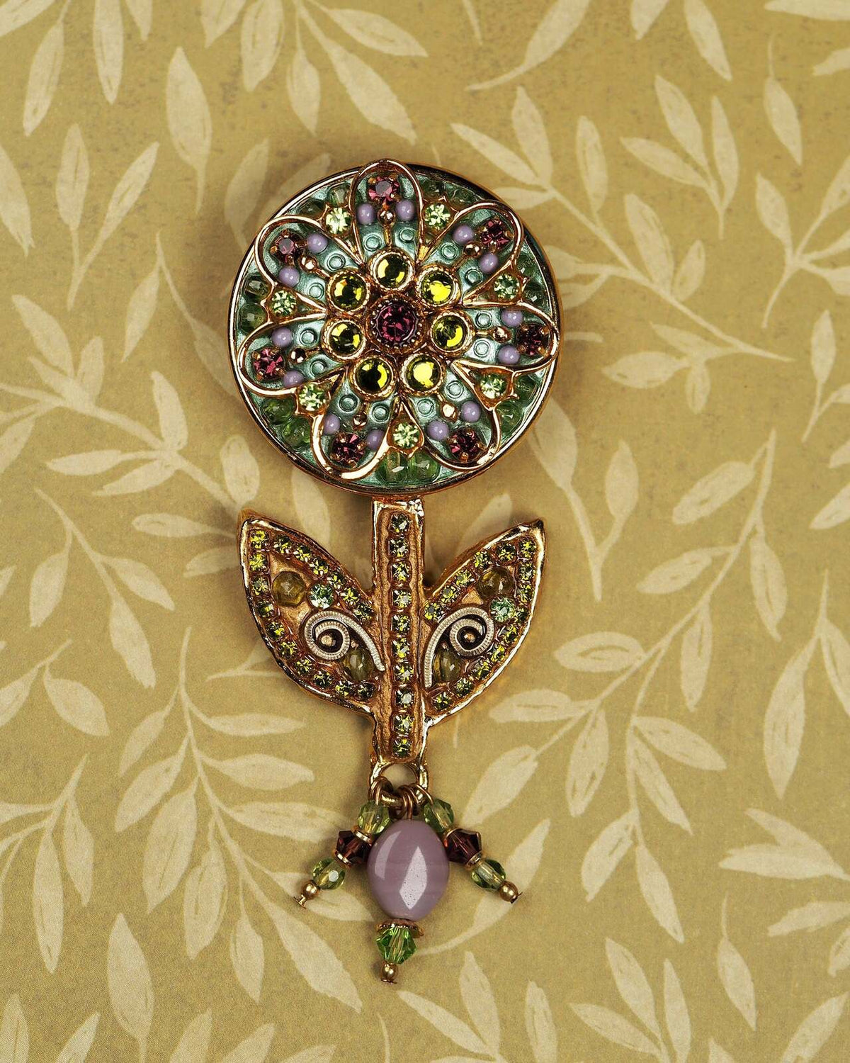 Signed Michal Golan Flower Brooch Crystal Enamel 3.25 Inch