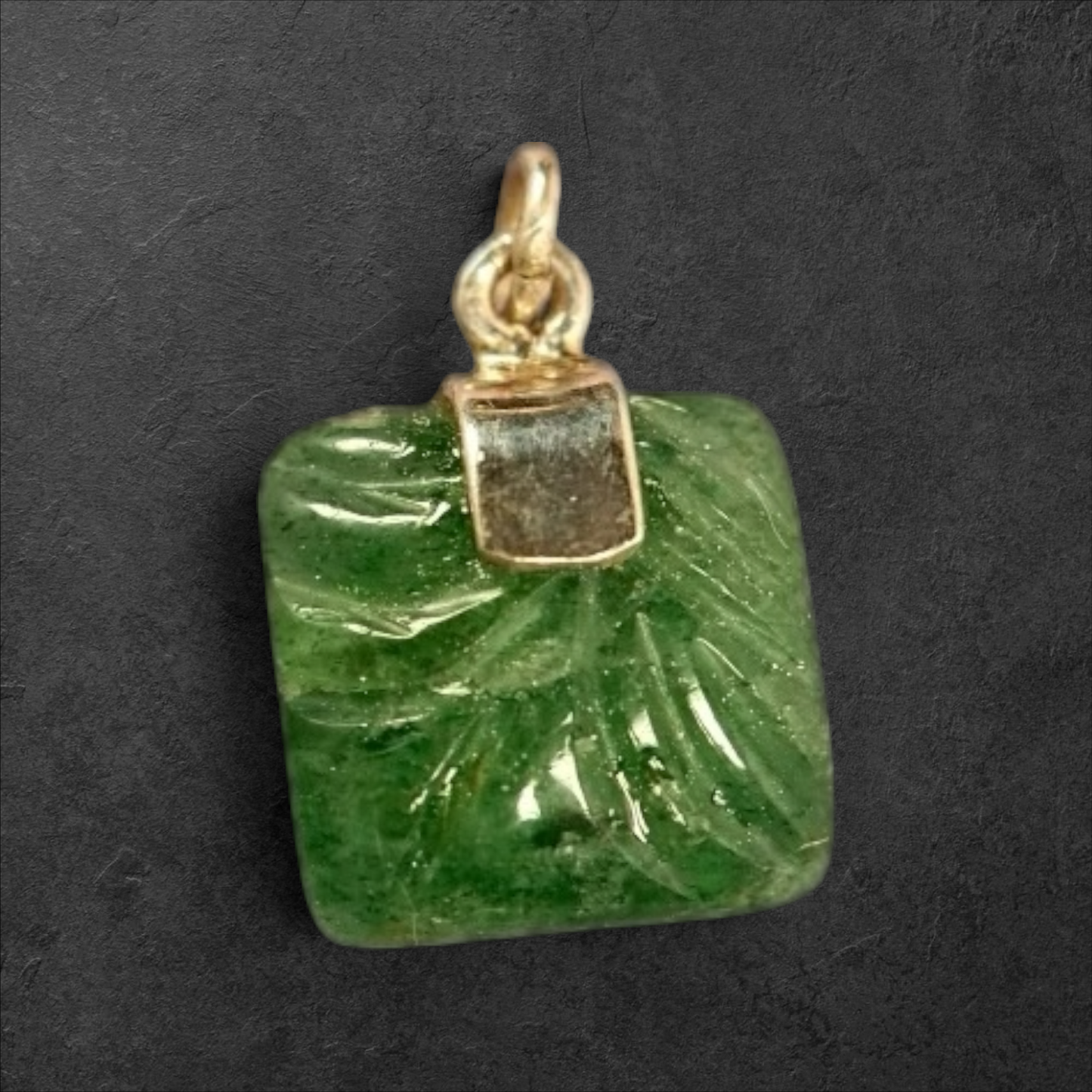 GlamGram NYC square green gemstone pendant with hand-carved leaf motif and polished sterling silver bail.