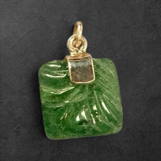 GlamGram NYC square green gemstone pendant with hand-carved leaf motif and polished sterling silver bail.