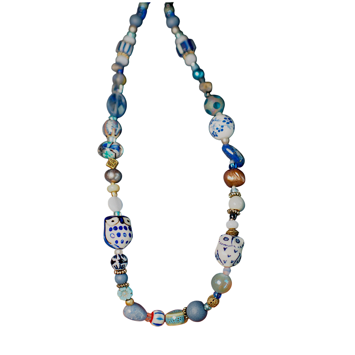 GlamGram Original Blue Owl Mixed-Media Artisan Beaded Necklace Necklace - GlamGram NYC