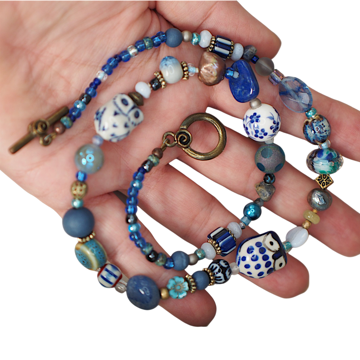 GlamGram Original Blue Owl Mixed-Media Artisan Beaded Necklace Necklace - GlamGram NYC