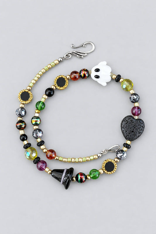 GlamGram Original Halloween Ghost Glass Bead Necklace with Lava Stone Diffuser Heart Necklace - GlamGram NYC