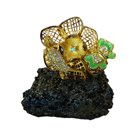Handmade Filigree Flower Ring, Gold Vermeil Salamander with Enamel Butterfly, Sterling Silver Size 5, Whimsical Nature Gift Ring - GlamGram NYC